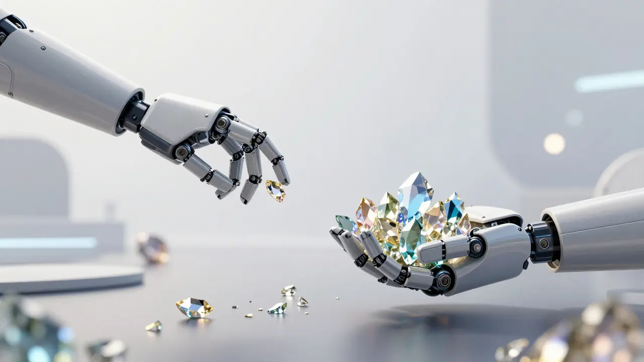 Robotic hands comparing values with floating crystal gems.