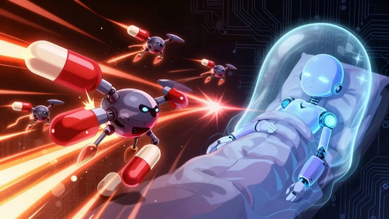 Robotic pills attacking a sleep guardian protecting a sleeper in anime style