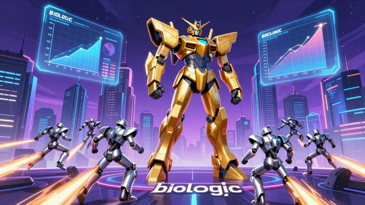 Silver biosimilar mechas challenging a golden brand-name mecha in a futuristic cityscape.