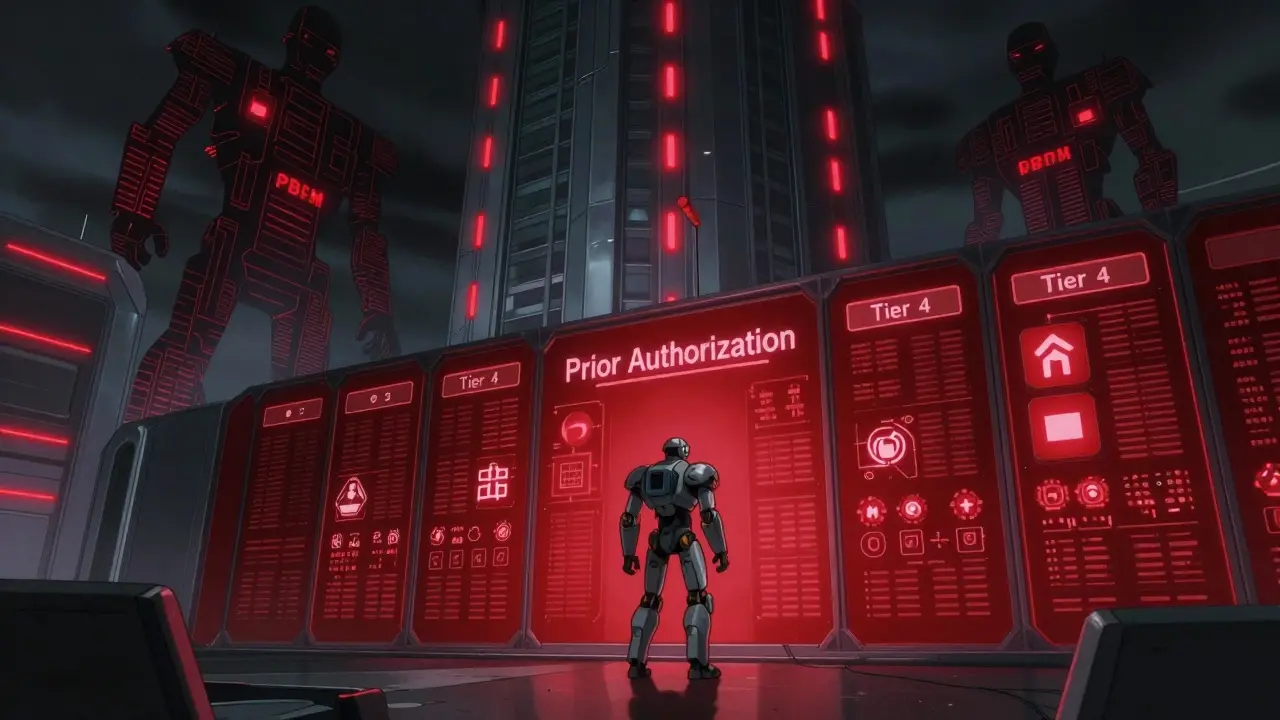 Small mecha facing a wall of red tape and barriers, representing prior authorization hurdles.