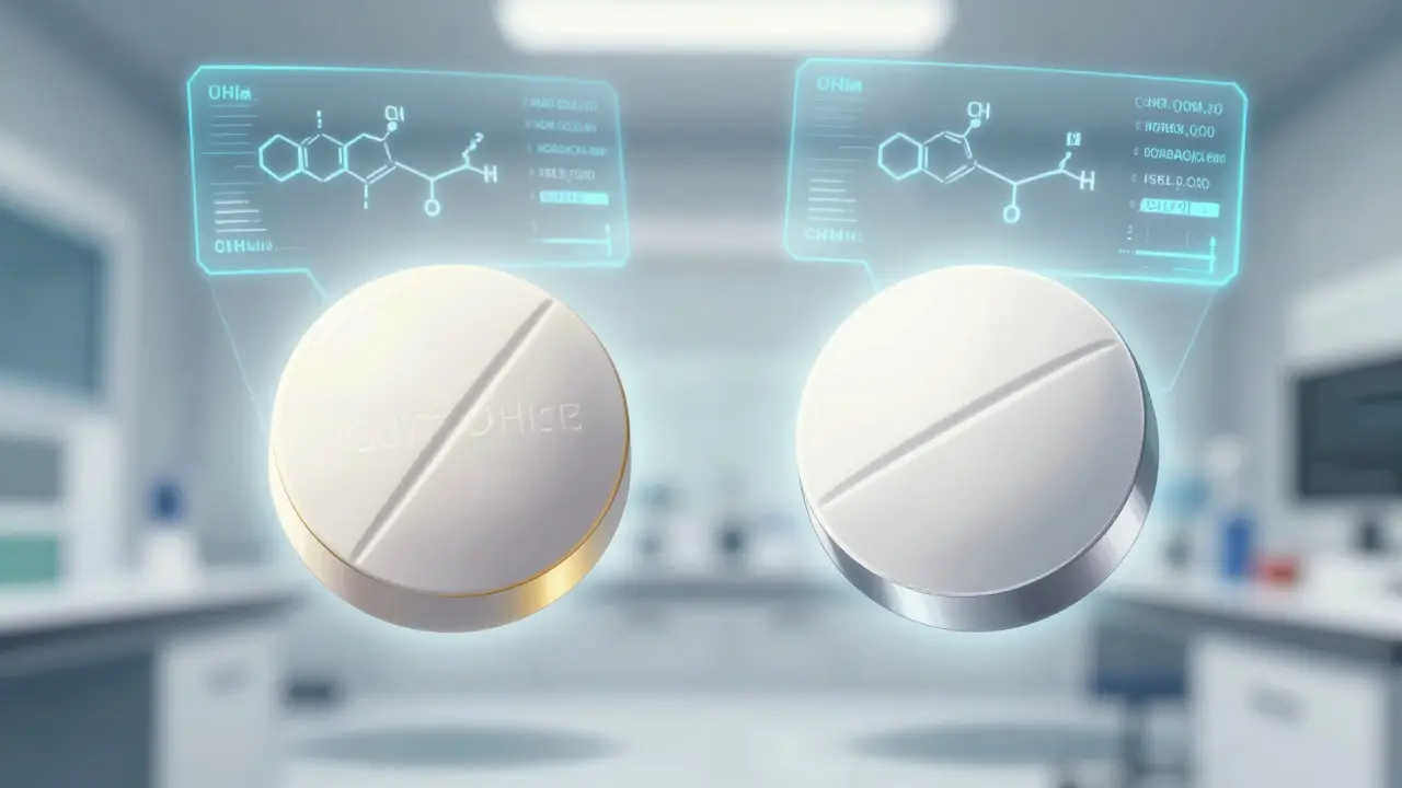 Two identical pills glowing with same light, showing equal quality
