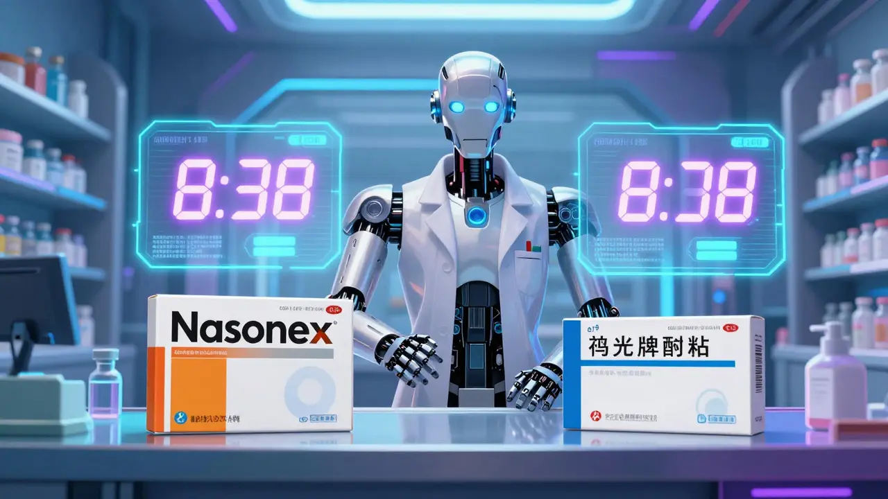 Android pharmacist comparing branded and generic nasal spray prices