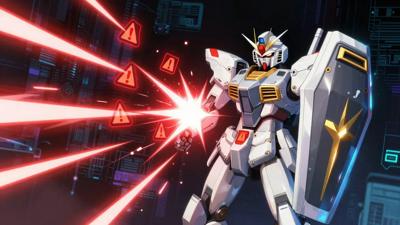 Armored mecha defending against red scam energy blasts with a protective shield.