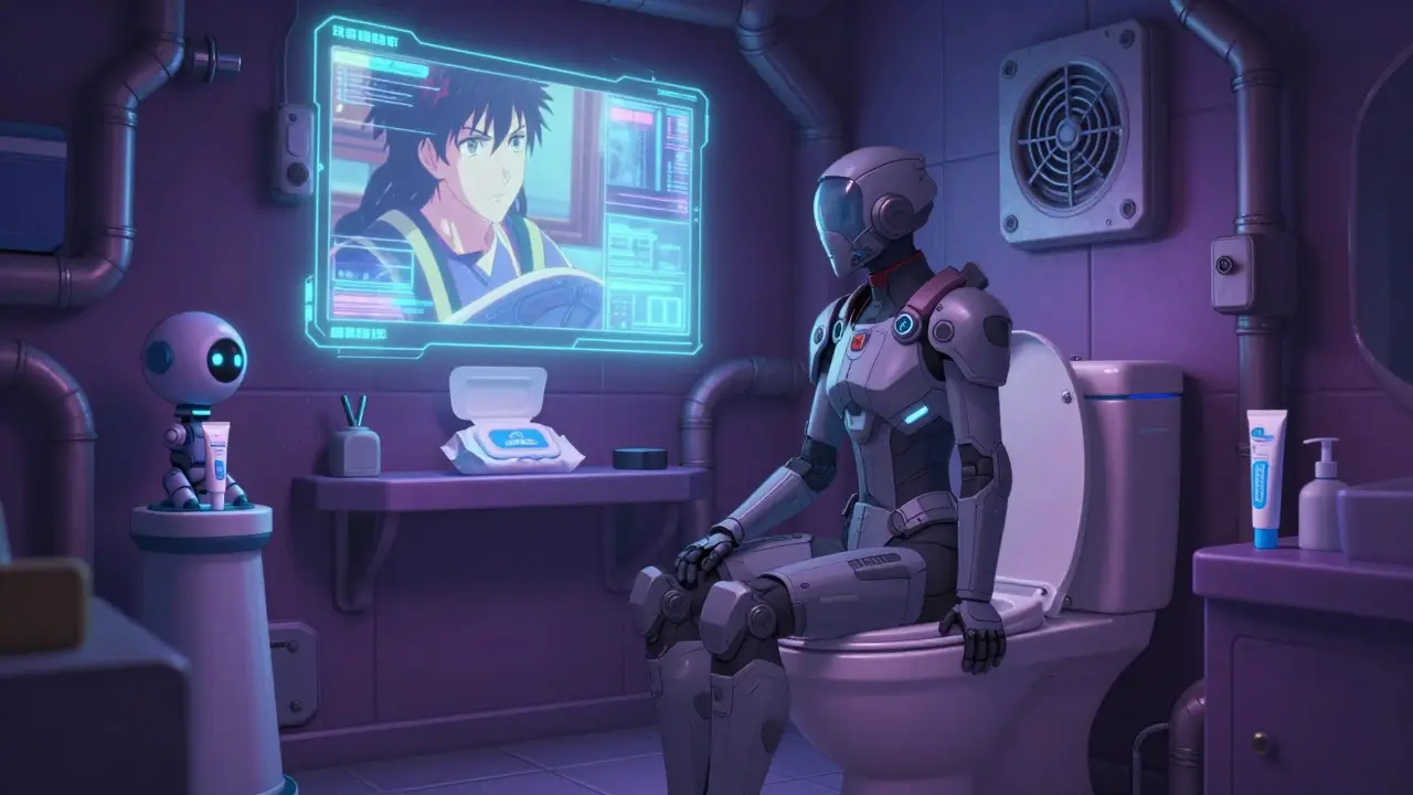 Character in armor relaxing in bathroom with holographic entertainment