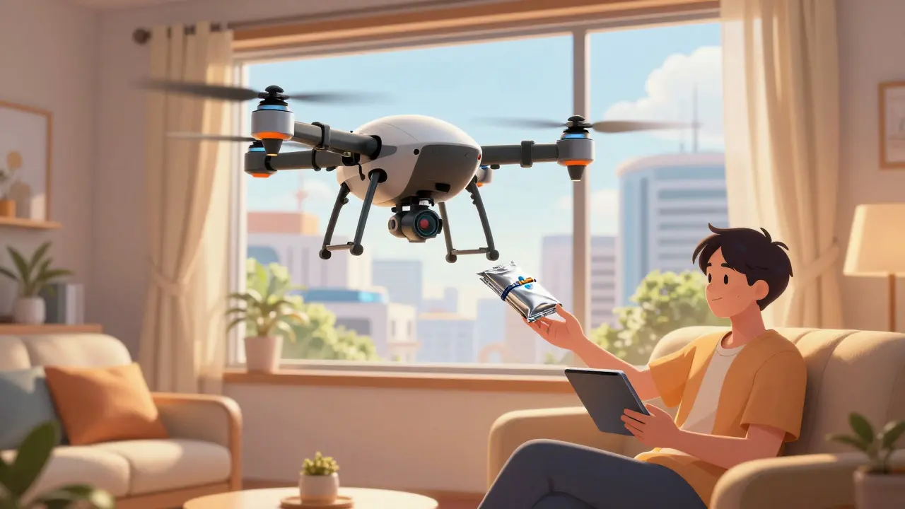 Courier drone delivering a medication package to a home with warm sunlight.