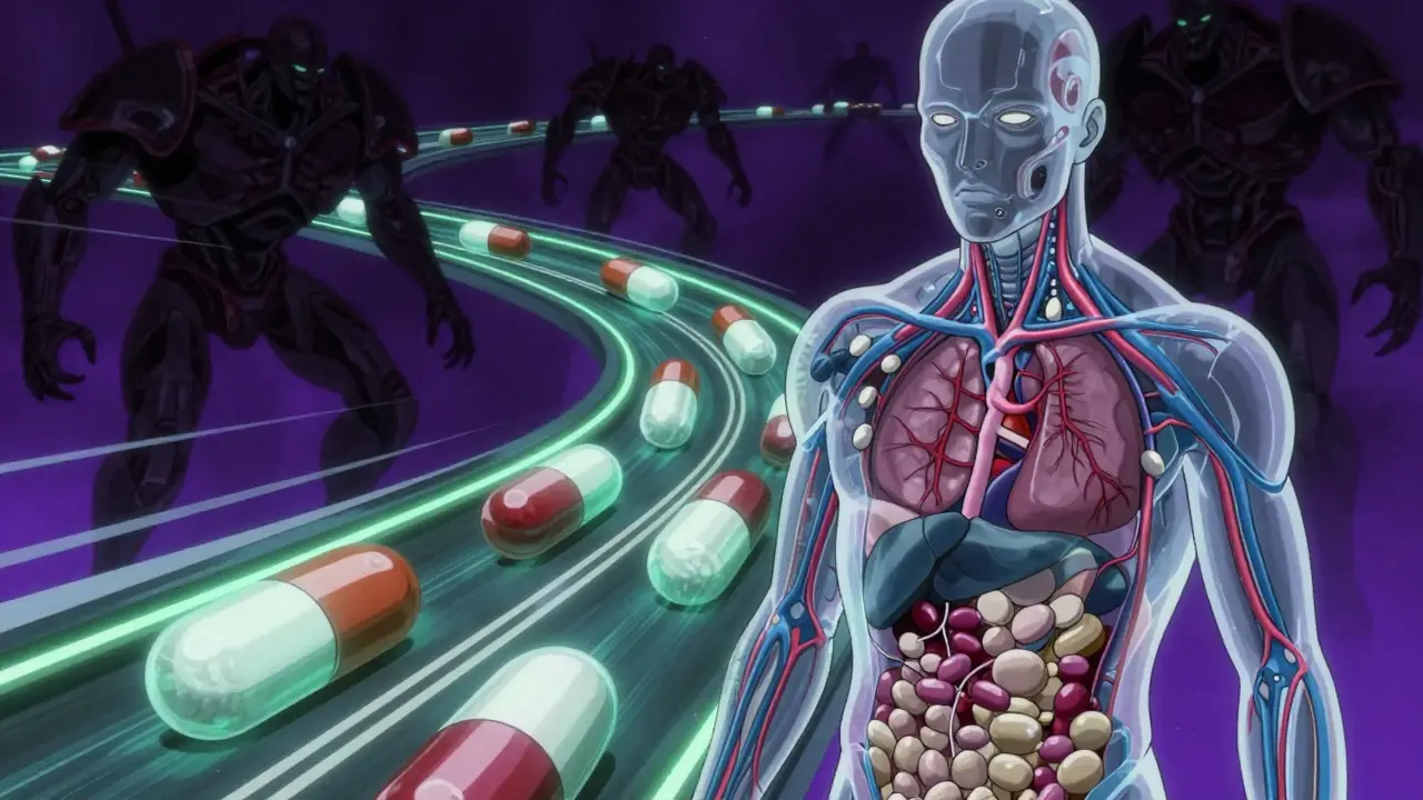 Cybernetic body with clogged drug-filled bloodstream