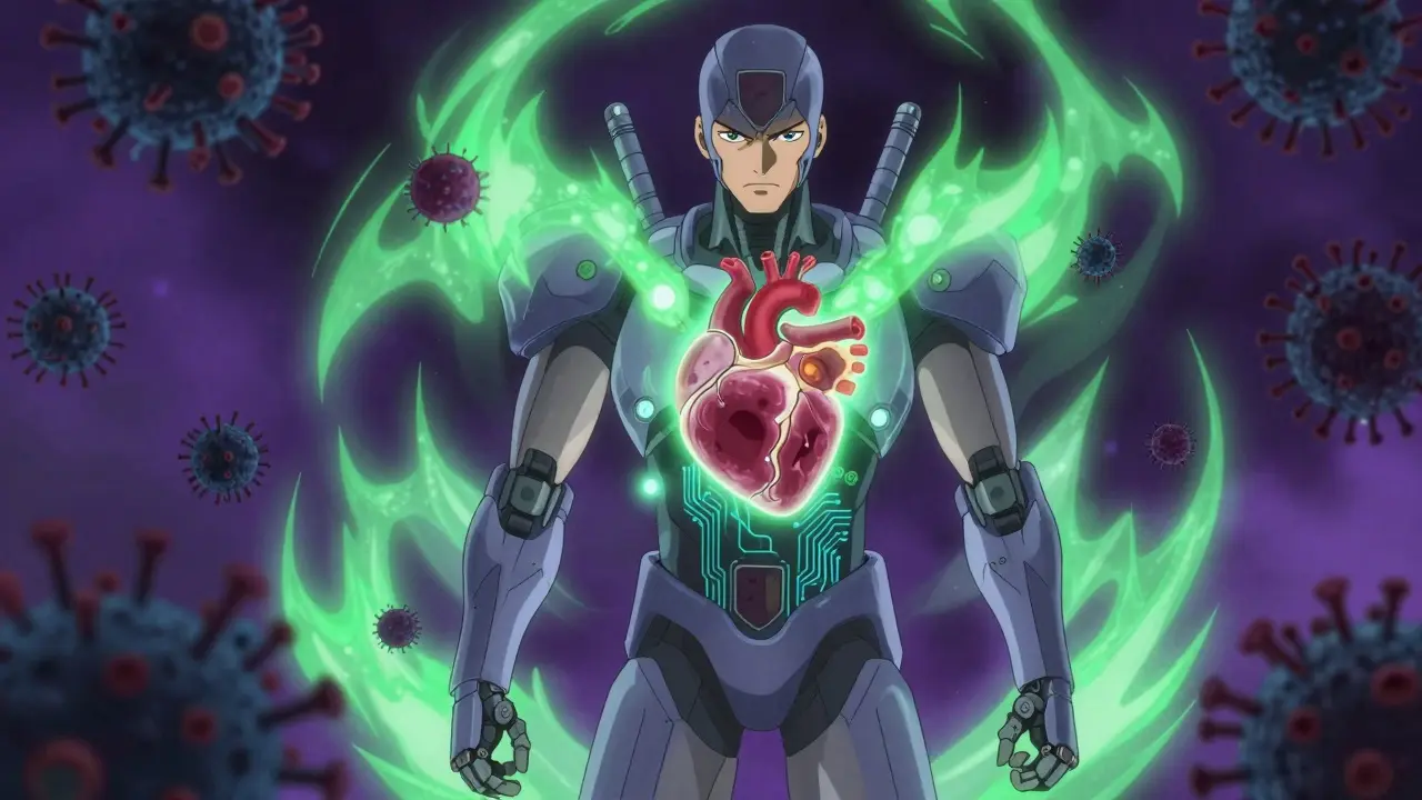 Cyborg protecting a new liver from rejection with energy shields