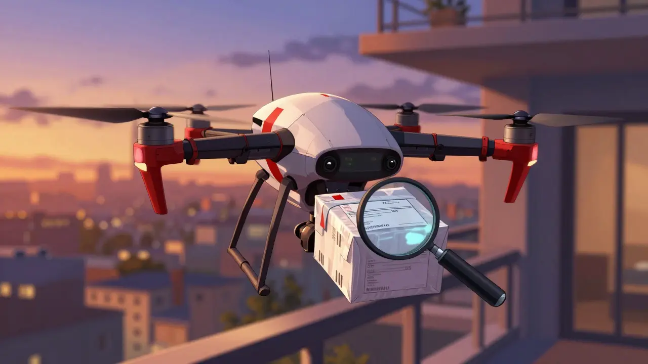 Delivery drone dropping off sealed medicine package on balcony