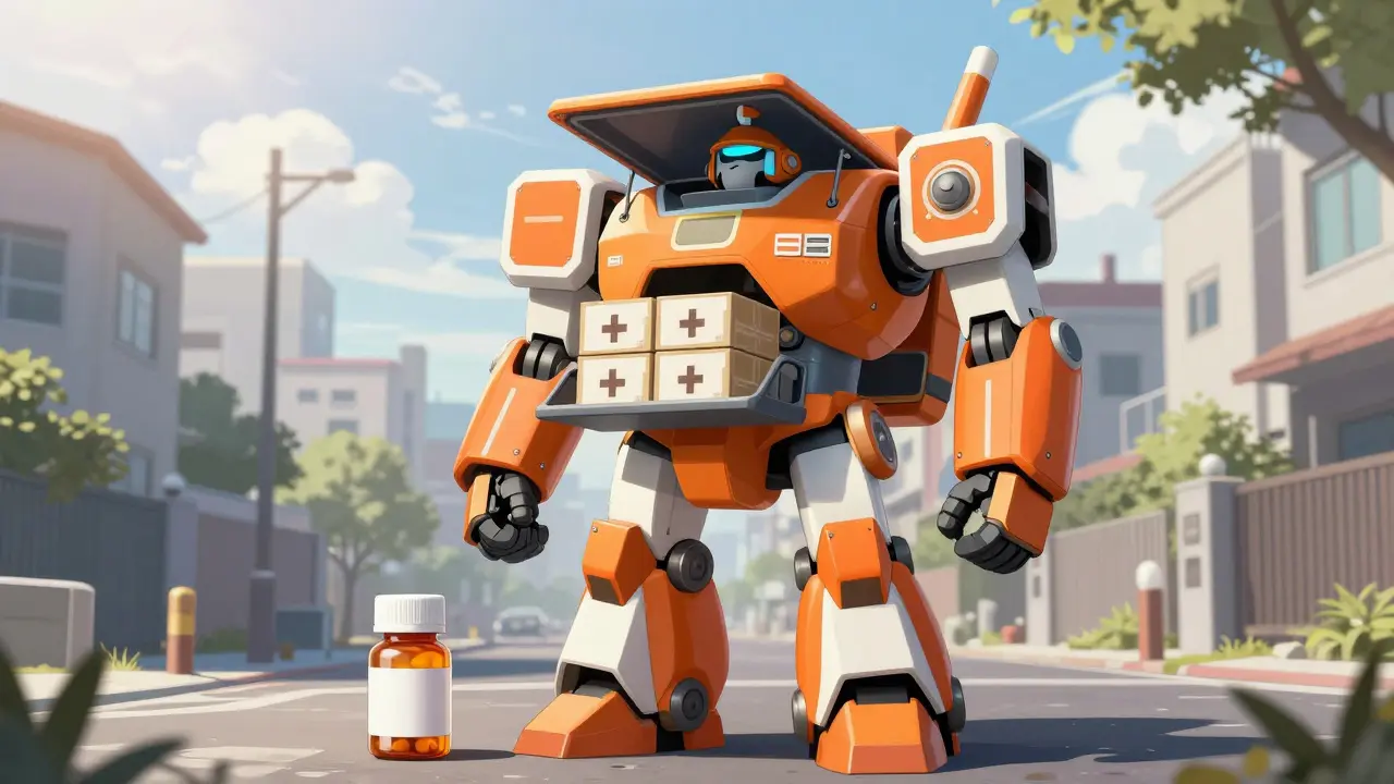 Friendly armored delivery robot with open cargo bay filled with medicine boxes on a sunny suburban street.