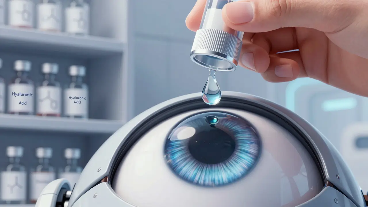 Futuristic eye drop bottle dispensing a droplet onto a robotic eye lens