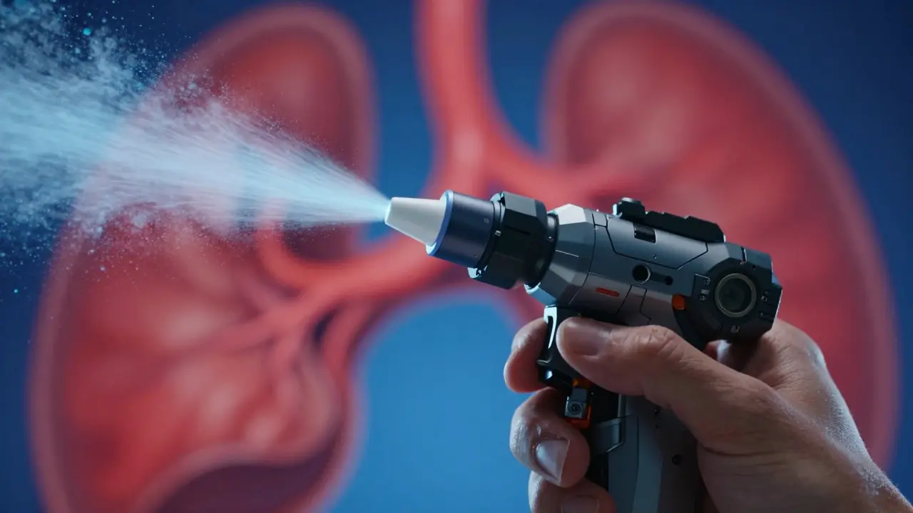 Hand using futuristic nasal spray device emitting blue mist