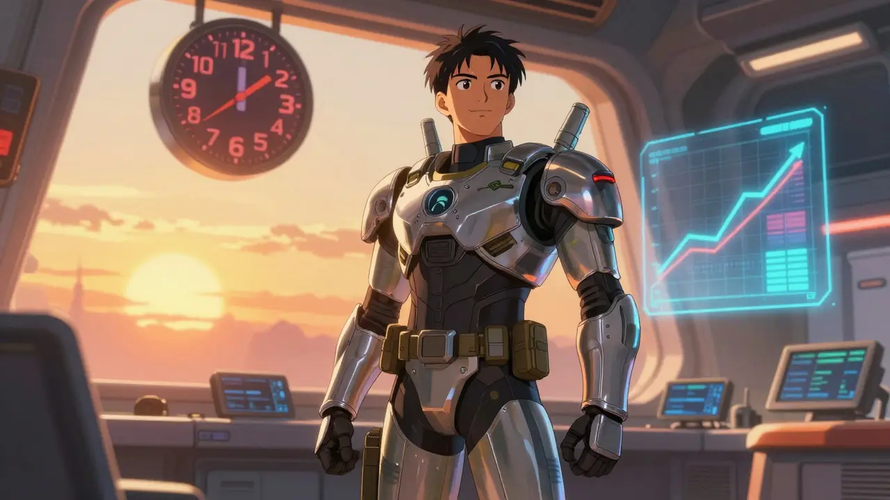 Refreshed mecha pilot standing in morning light, showing recovery