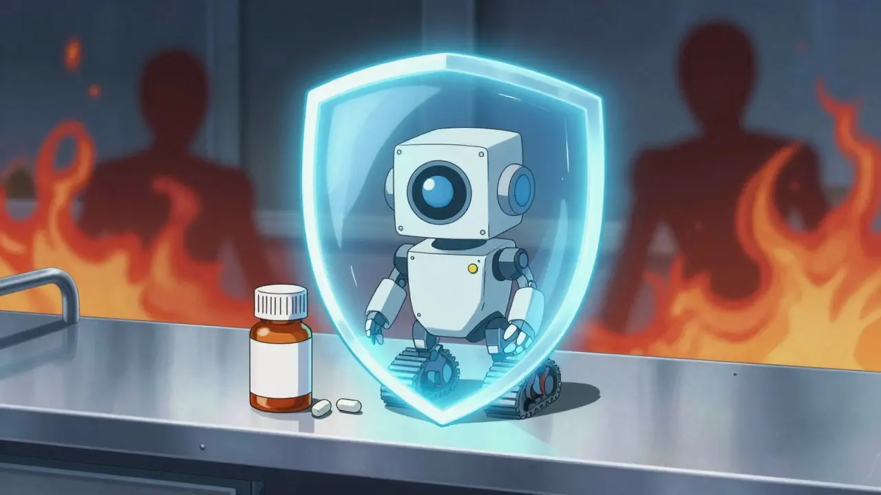 Robot generating an energy shield to protect medication