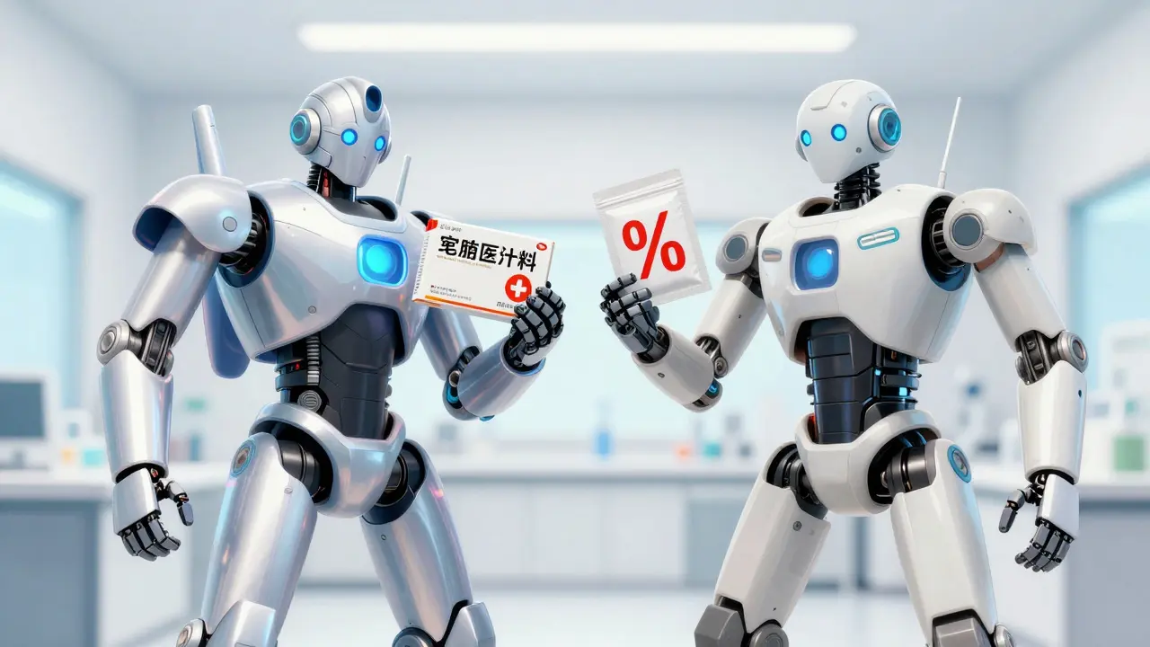 Robots comparing brand name vs generic medication costs visually