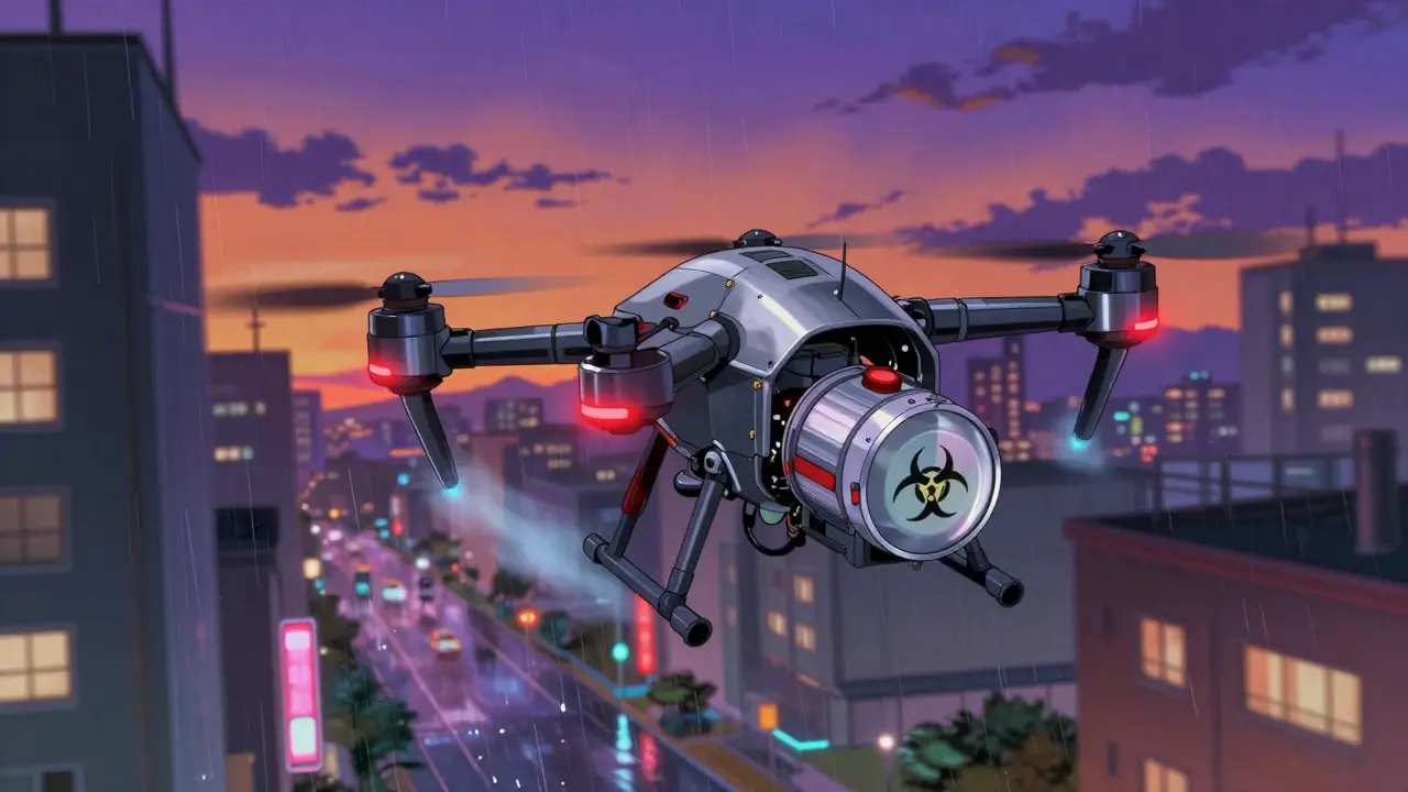 Silver delivery drone carrying medicine through a neon city