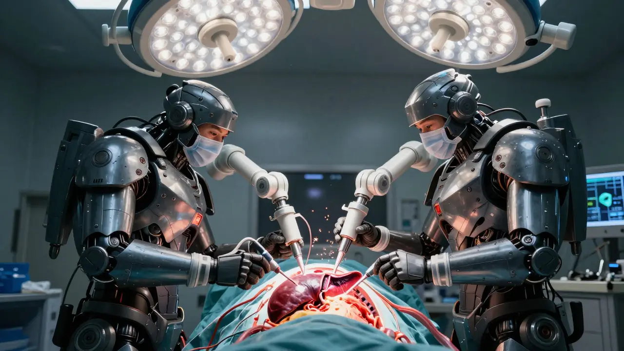 Surgeons in mecha suits performing a liver transplant operation