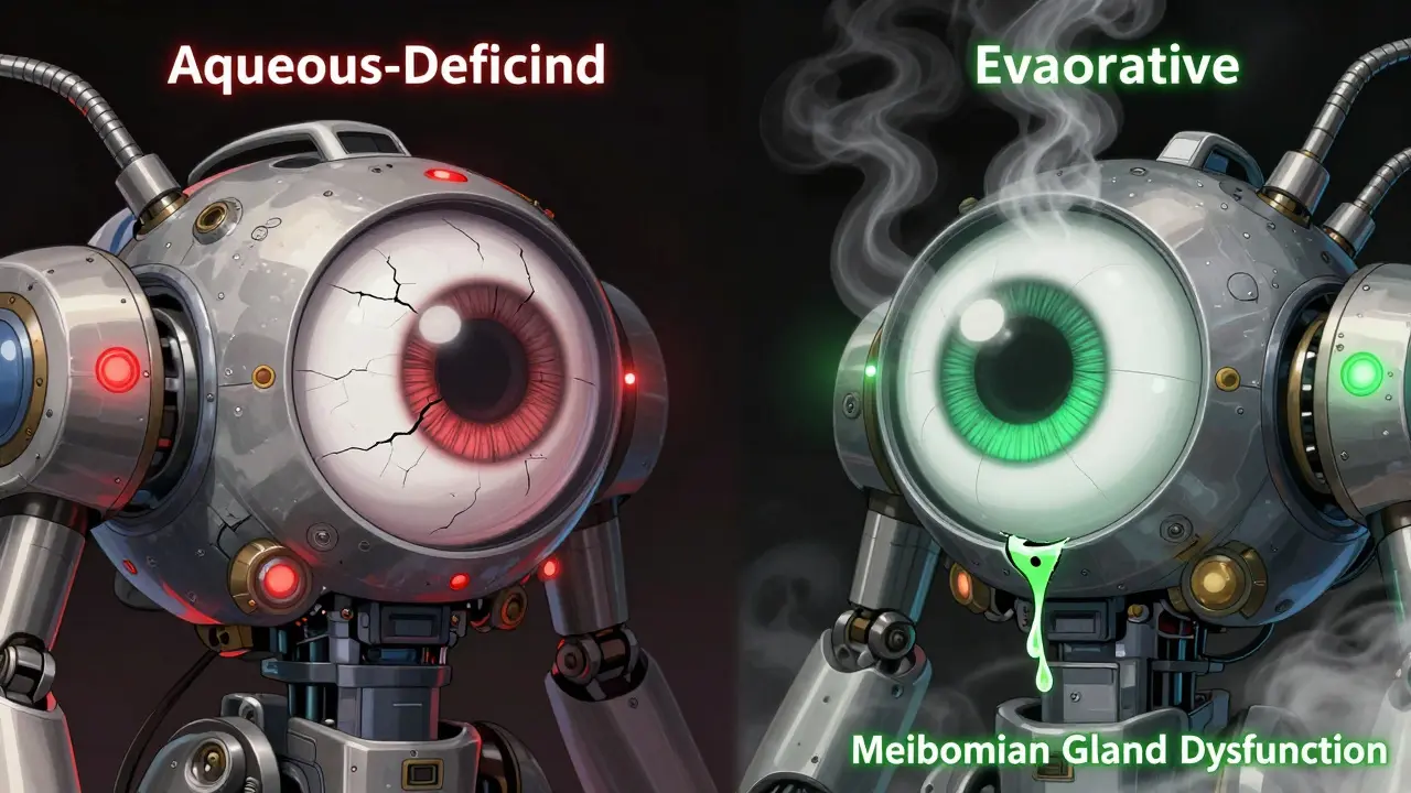 Two robotic eyes comparing aqueous deficiency and evaporative dysfunction