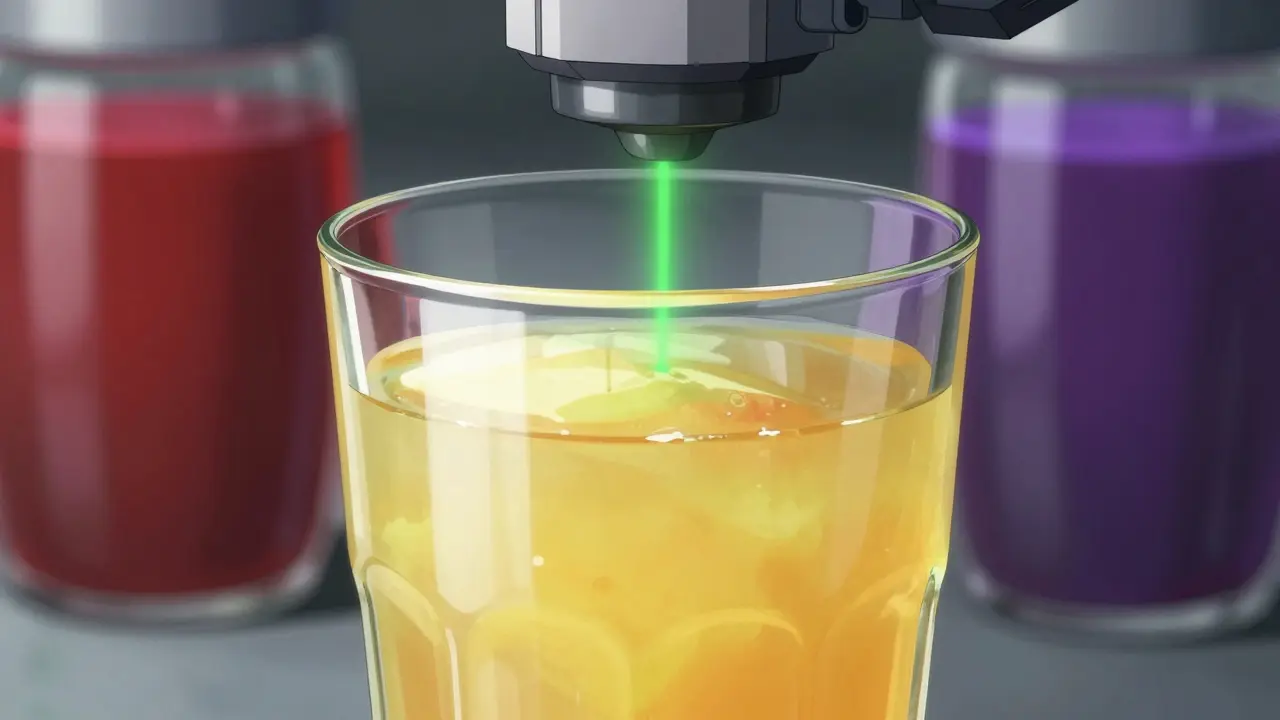 Yellow juice approved by scanner while red liquids are rejected in shadows