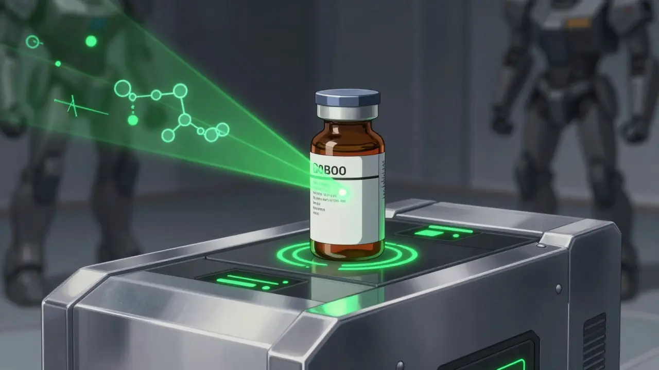 AI scanner verifying medication authenticity with green laser beams in a lab.