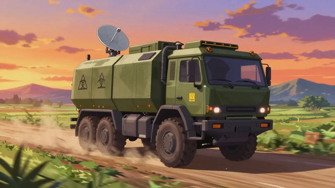 Armored mobile disposal truck driving through rural countryside