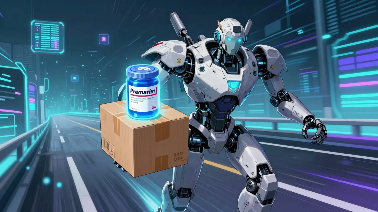 Armored robot delivering a glowing blue medicine package through a digital network.