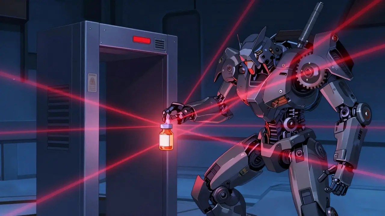 Cybernetic scanner verifying a pill bottle for safety and authenticity