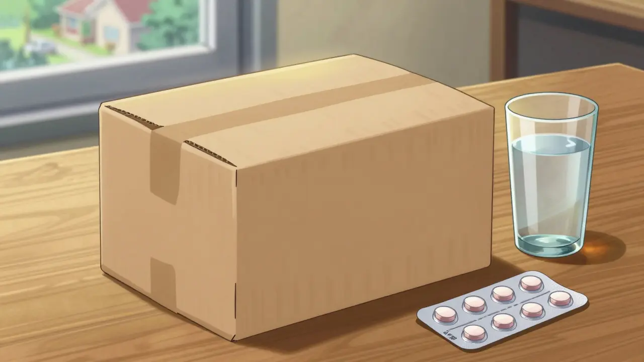 Discreet medication package and pills on a table, symbolizing safe home delivery.