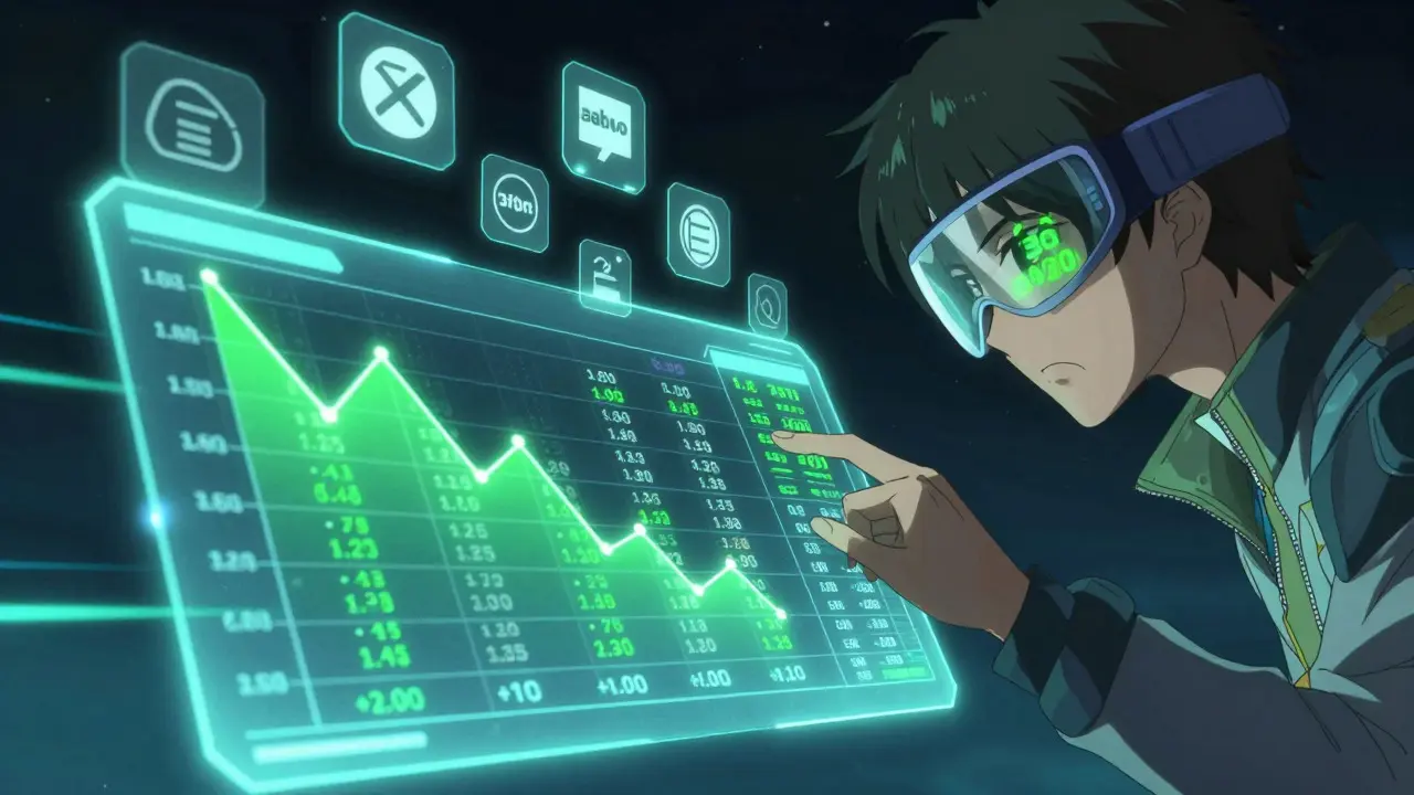 Futuristic AR screen displaying falling price graphs and discount indicators for medication.