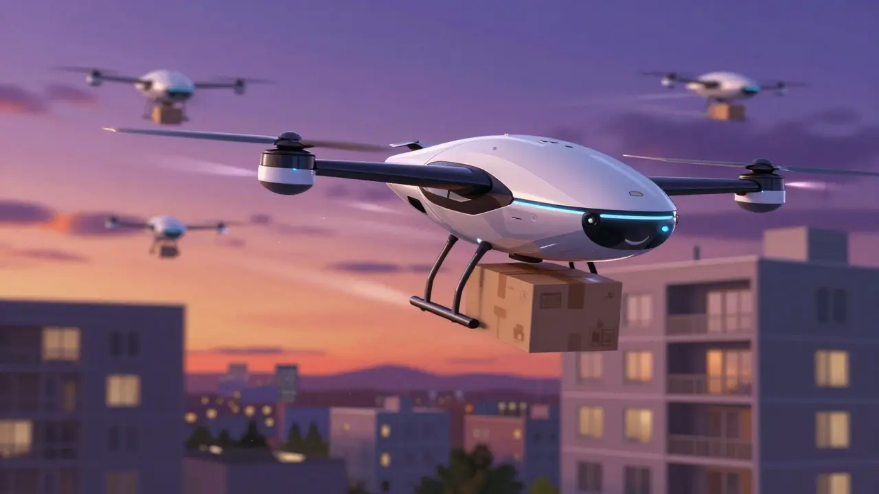 Futuristic delivery drones flying over city with medicine packages in anime style