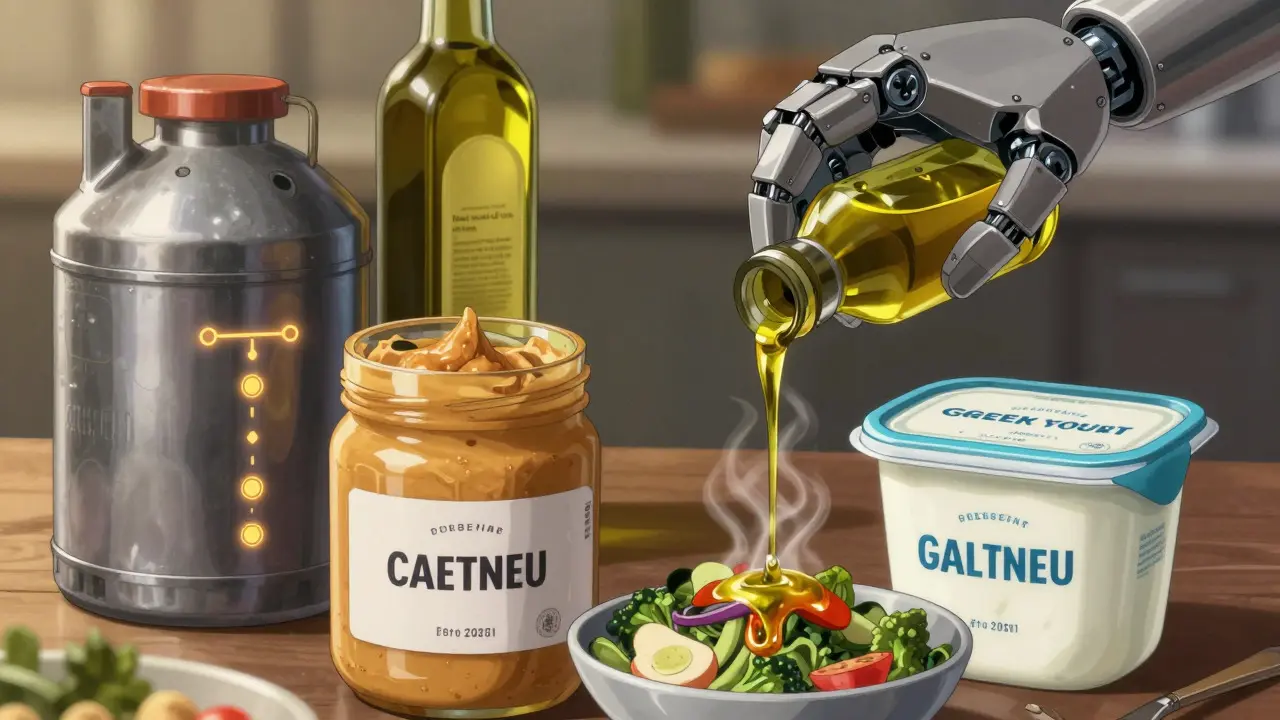 High-calorie foods displayed as energy sources with robotic preparation