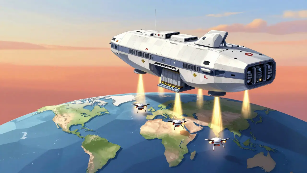 Large mecha carrier distributing medical aid over a stylized globe