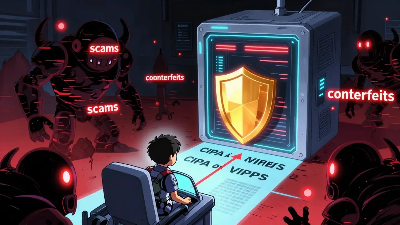 Mecha pilot defending against scam monsters with security shield in anime art