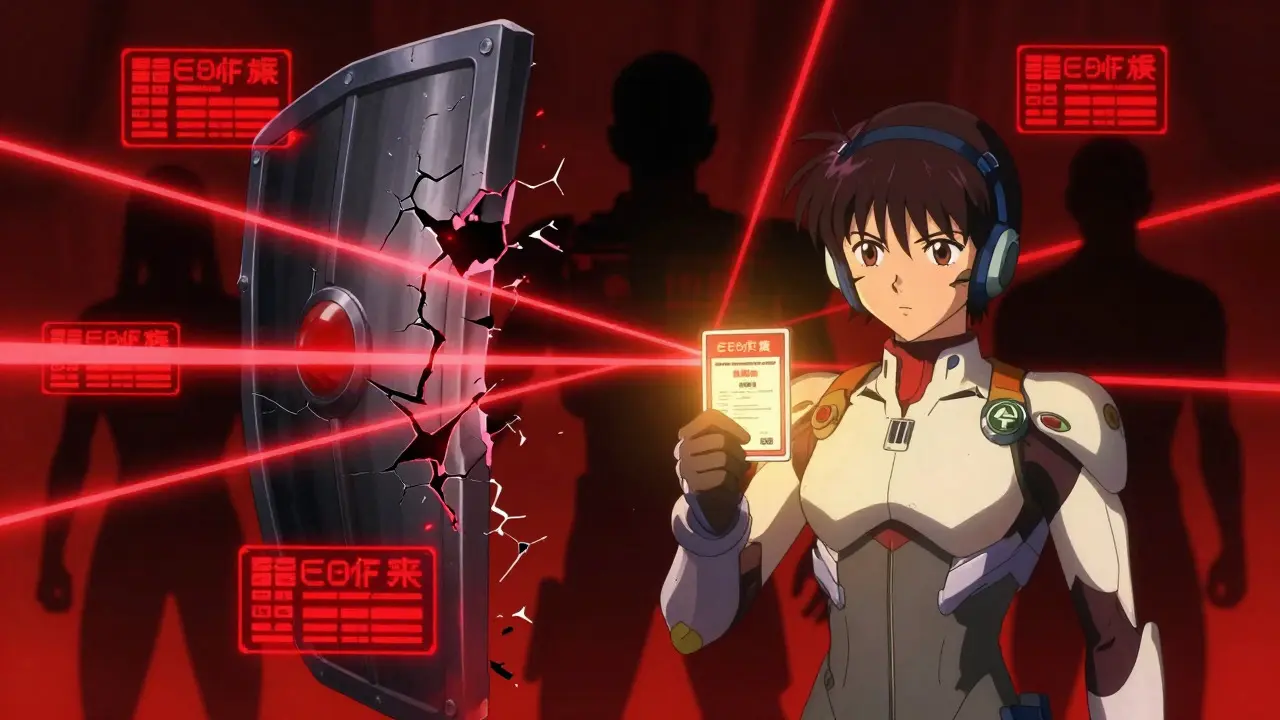 Mecha pilot holding a golden safety badge against red laser scans and shadowy scam figures.