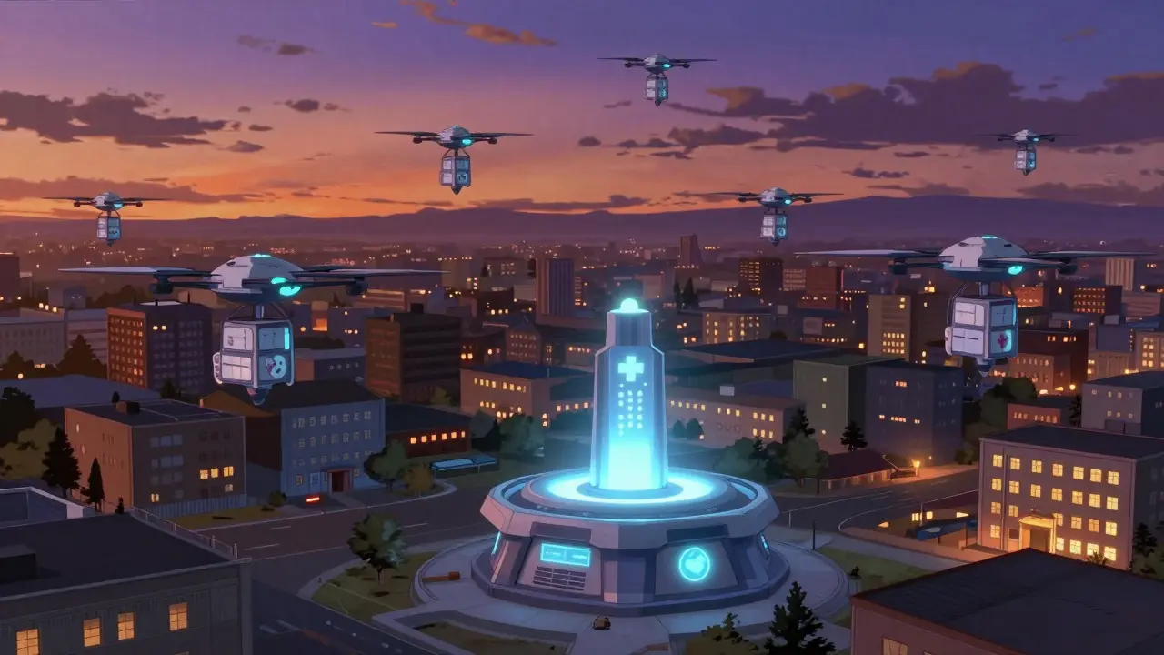 Medical delivery drones flying over a cityscape symbolizing expanded healthcare access