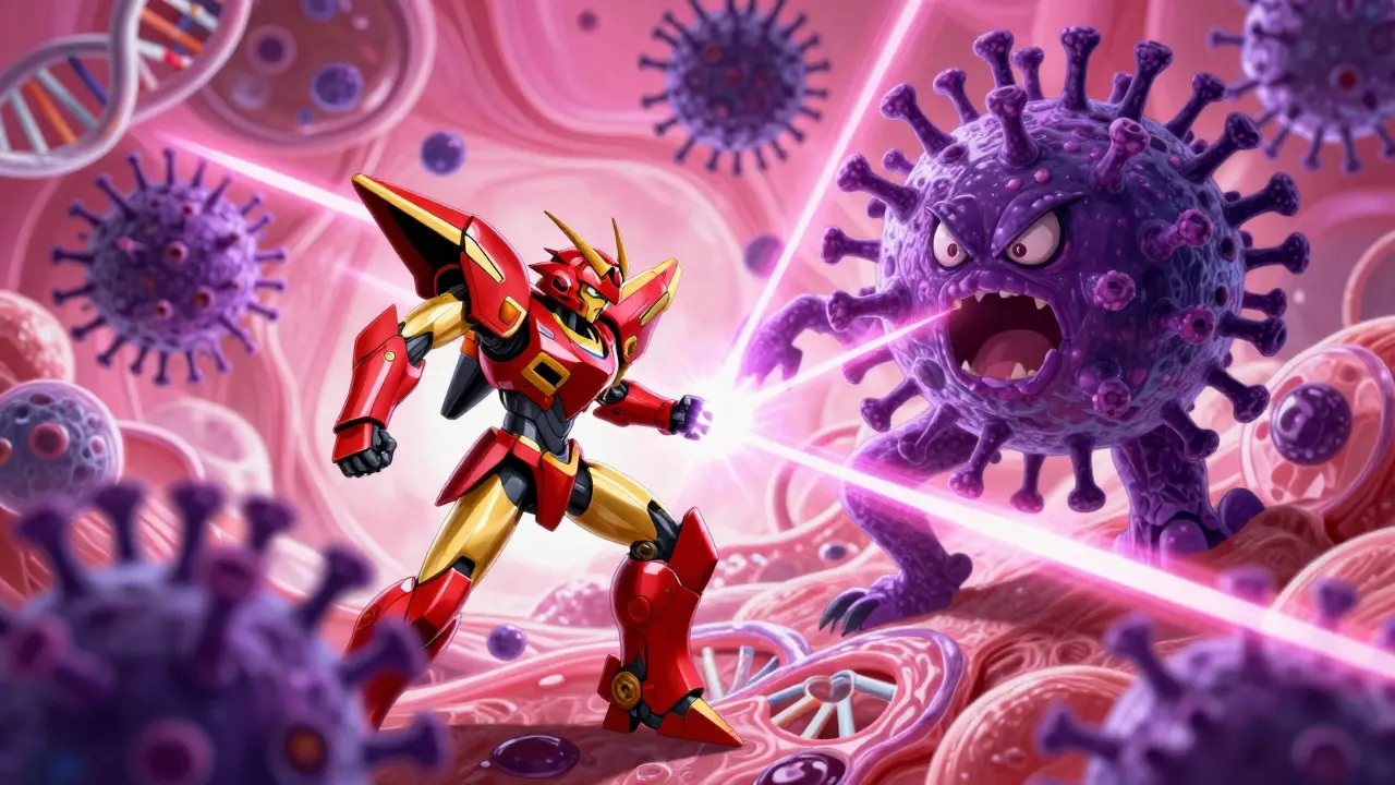 Nano-mecha fighting stylized virus monsters inside a biological environment