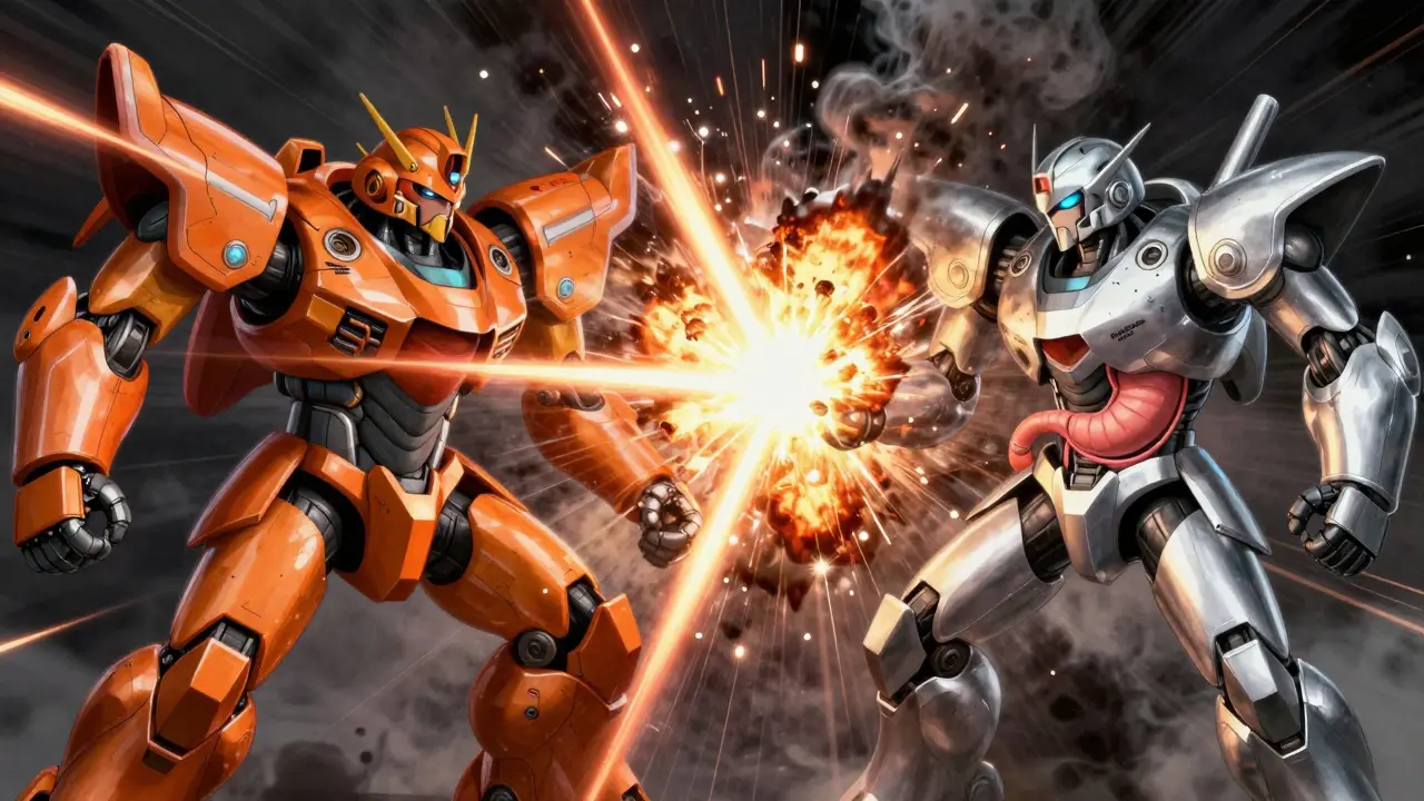 Orange and silver mechas colliding, symbolizing drug interaction risks