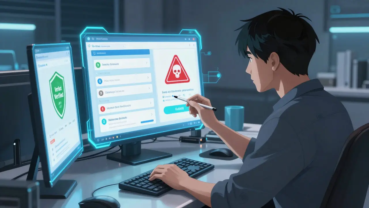 Person comparing safe and unsafe online pharmacy options via holographic screens.