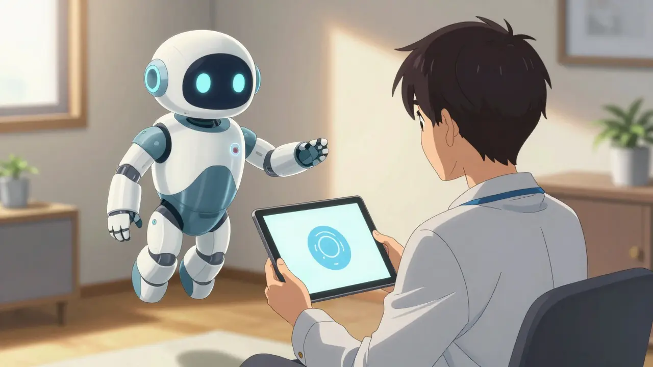 Person using a tablet with a robot assistant for telehealth guidance