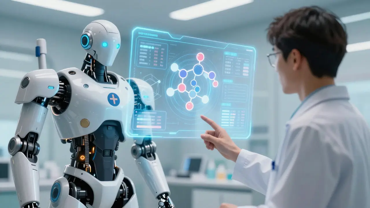 Pharmacist mecha reviewing holographic drug protocols with a patient avatar
