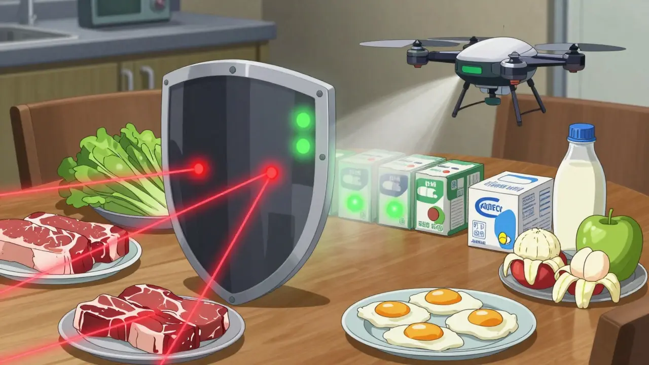 Protective shield blocks unsafe raw foods while accepting cooked safe meals