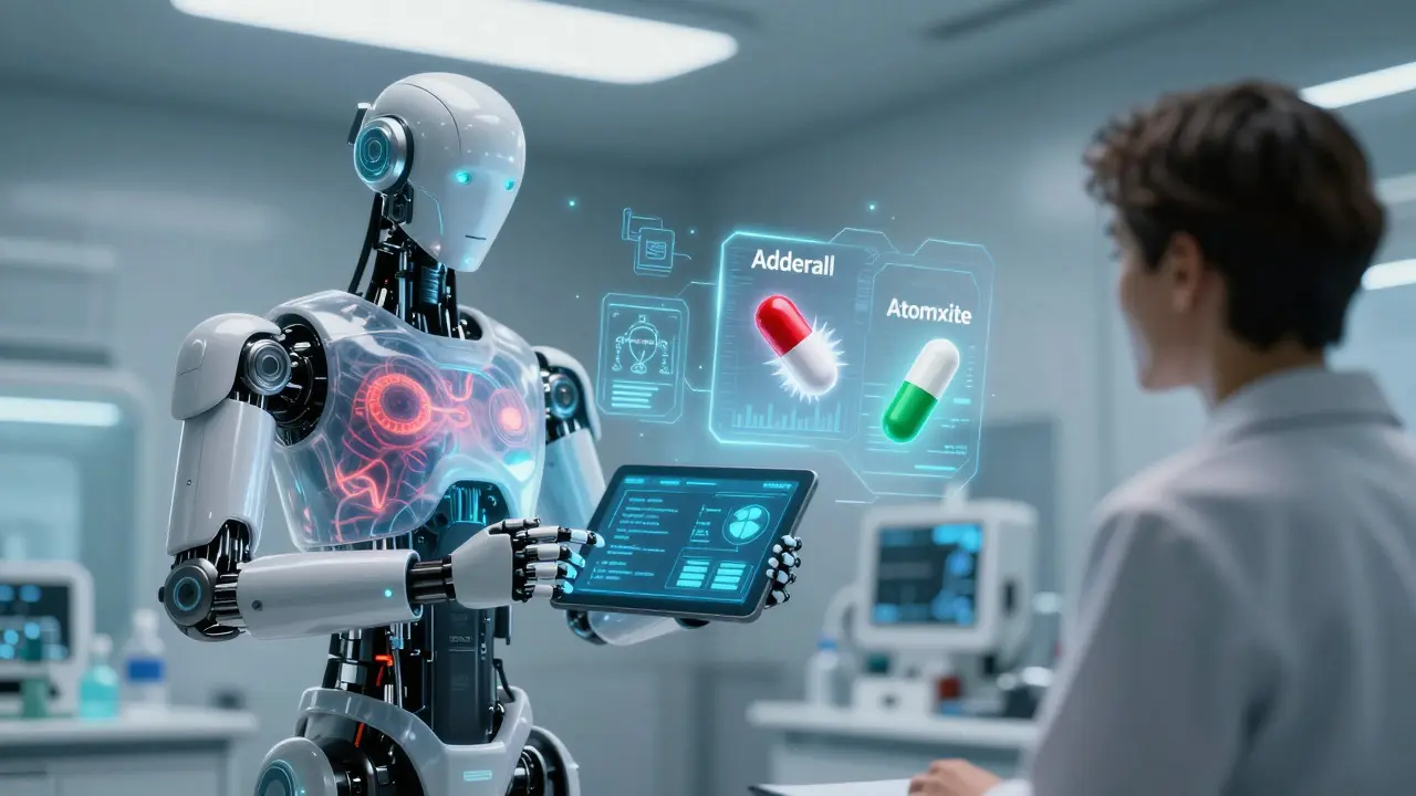 Robot doctor presenting safe medication options in futuristic lab