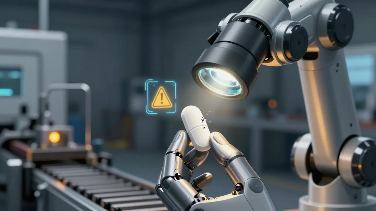 Robot inspecting a generic pill for quality defects