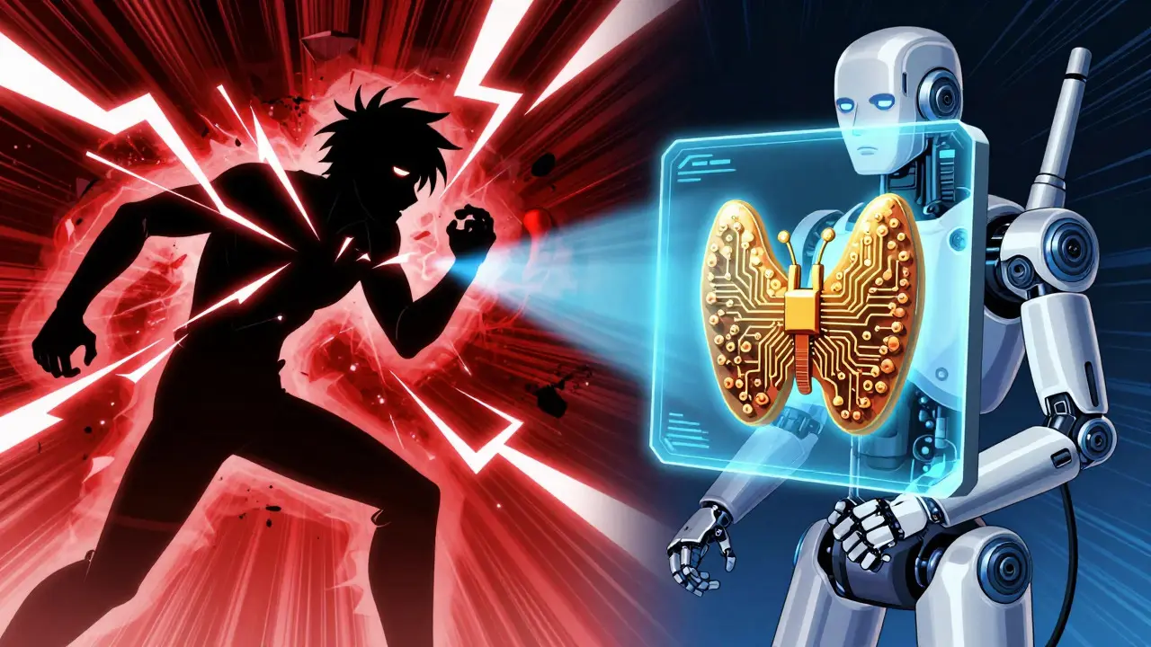 Robot scanner analyzing thyroid gland against chaotic anxiety energy