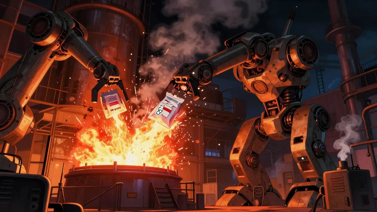 Robotic arms incinerating medications in a high-tech furnace
