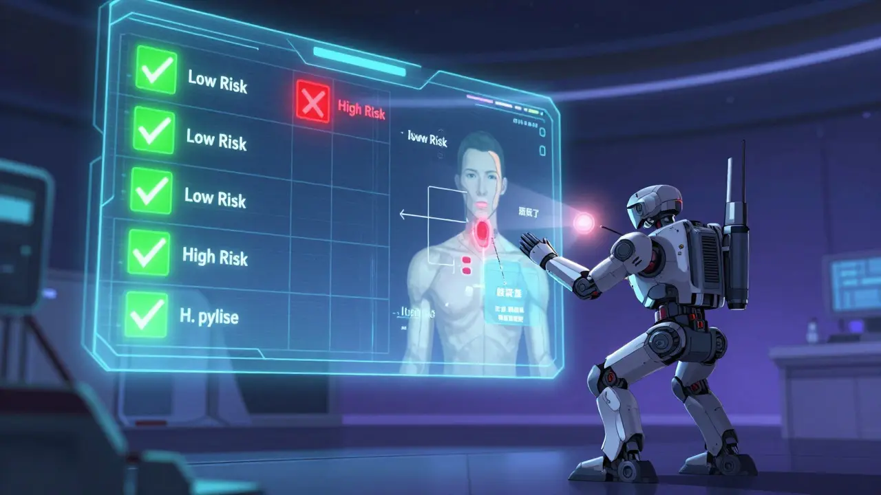 Scout mecha analyzing a holographic risk assessment matrix