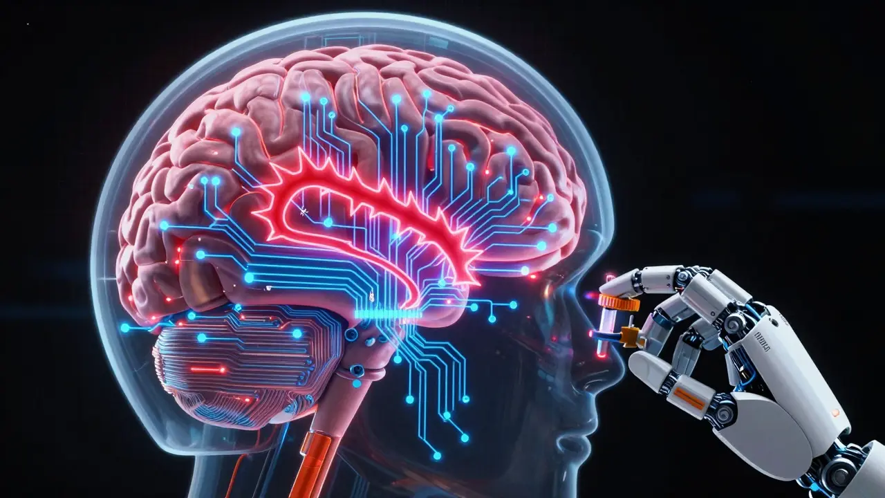 Anime-style brain circuitry being repaired by a robotic arm to show medication effects