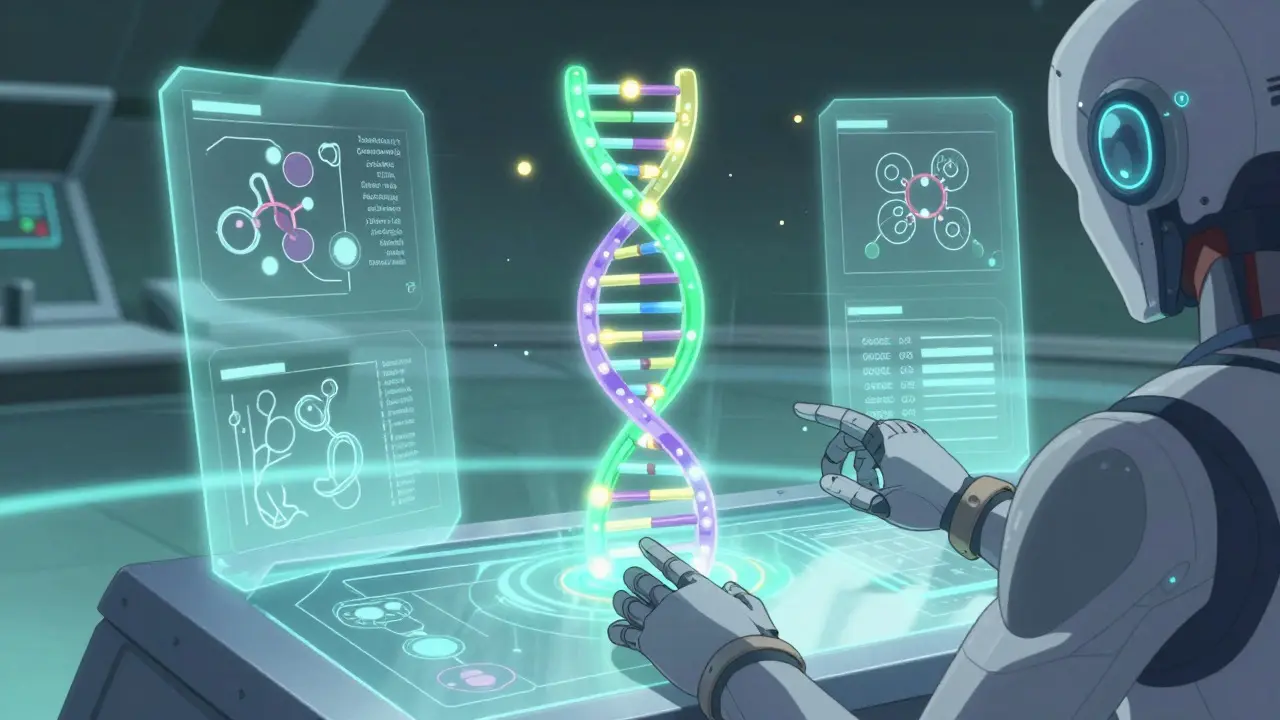Anime-style cockpit view featuring a glowing DNA helix and haptic medical interface