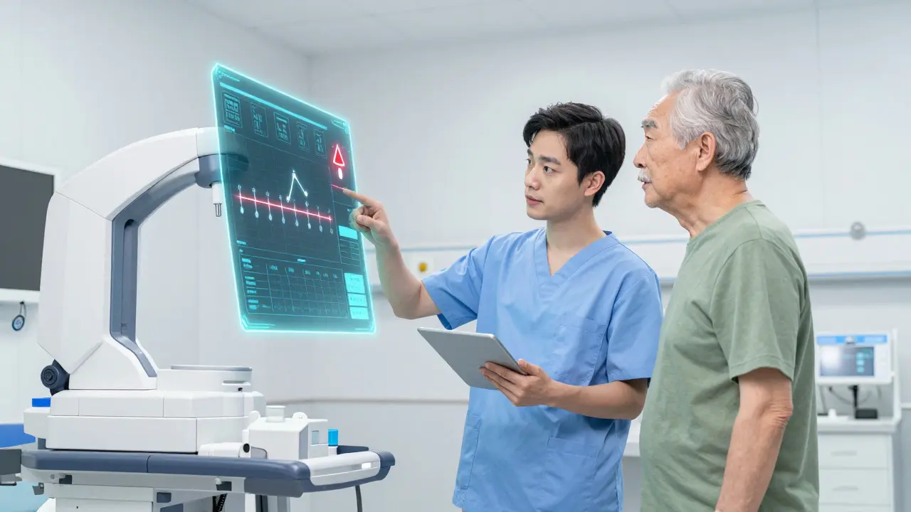 Caregiver and senior reviewing a holographic medication timeline in a futuristic clinic