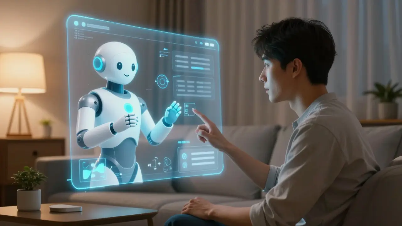Character consulting with a holographic AI doctor in a mecha anime living room