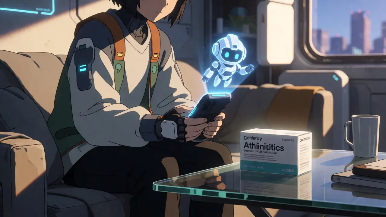 Character using holographic AI assistant to manage online drug order